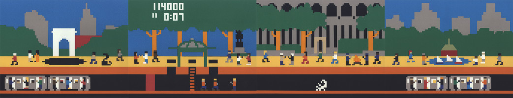 Washington Square, Union Square, Bryant and Central Parks, depicted as scenes from the 1980s video game, 'Pittfall!'. In each scene, pedestrians surround iconic landmarks, with subway tunnels represented below the scene.