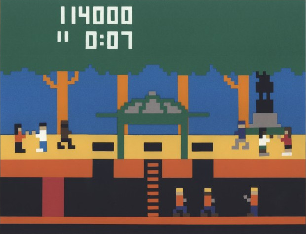 Union Square Park depicted as a scene from the 1980s video
                game, 'Pittfall!'. Pedestrians surround the statue of George
                Washington and tunnel pavilion above a ladder that leads down
                into a subway tunnel with workers walking in it.