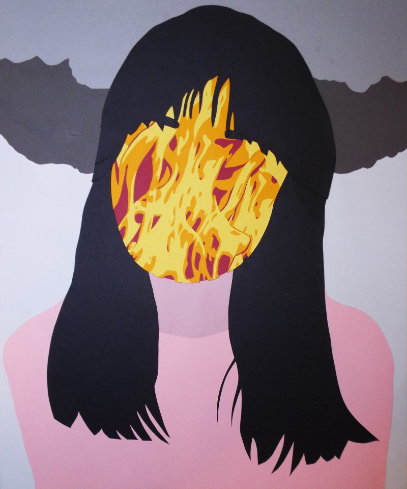 A portrait of a woman made from cut-and-layered colored paper.
                  A detailed description is provided in the hidden caption.