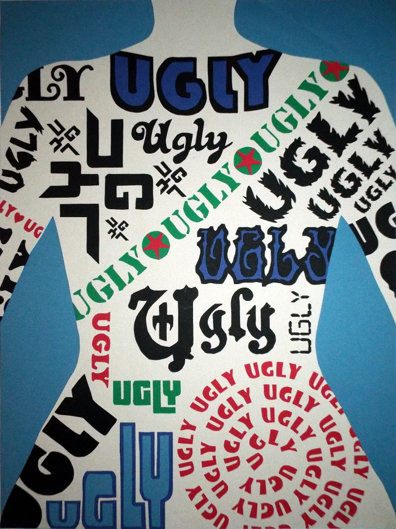 A portrait of a female's back, covered in tattoos that say
                     'ugly', made from cut-and-layered colored paper.