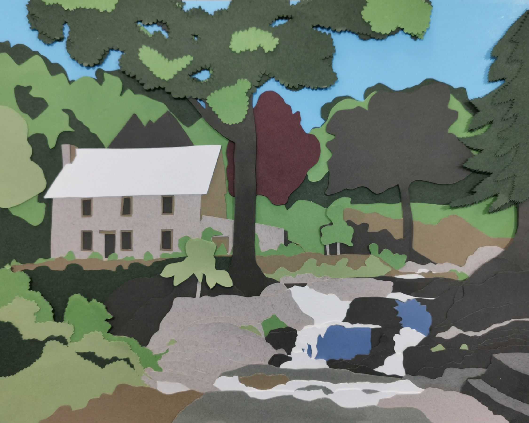 A two-story old stone mill stands in the background along
                the left, with low waterfalls cascading in the foreground on
                the right. Many trees fill in the scene.