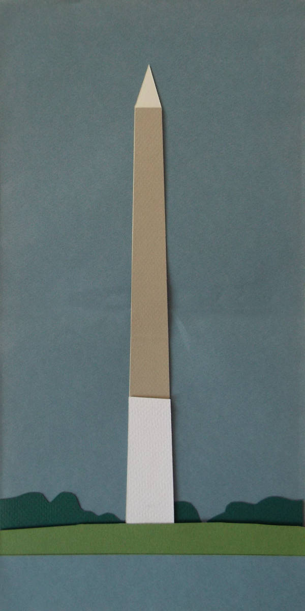 Colored paper cut-and-layered to represent the Washington Monument viewed from the west.