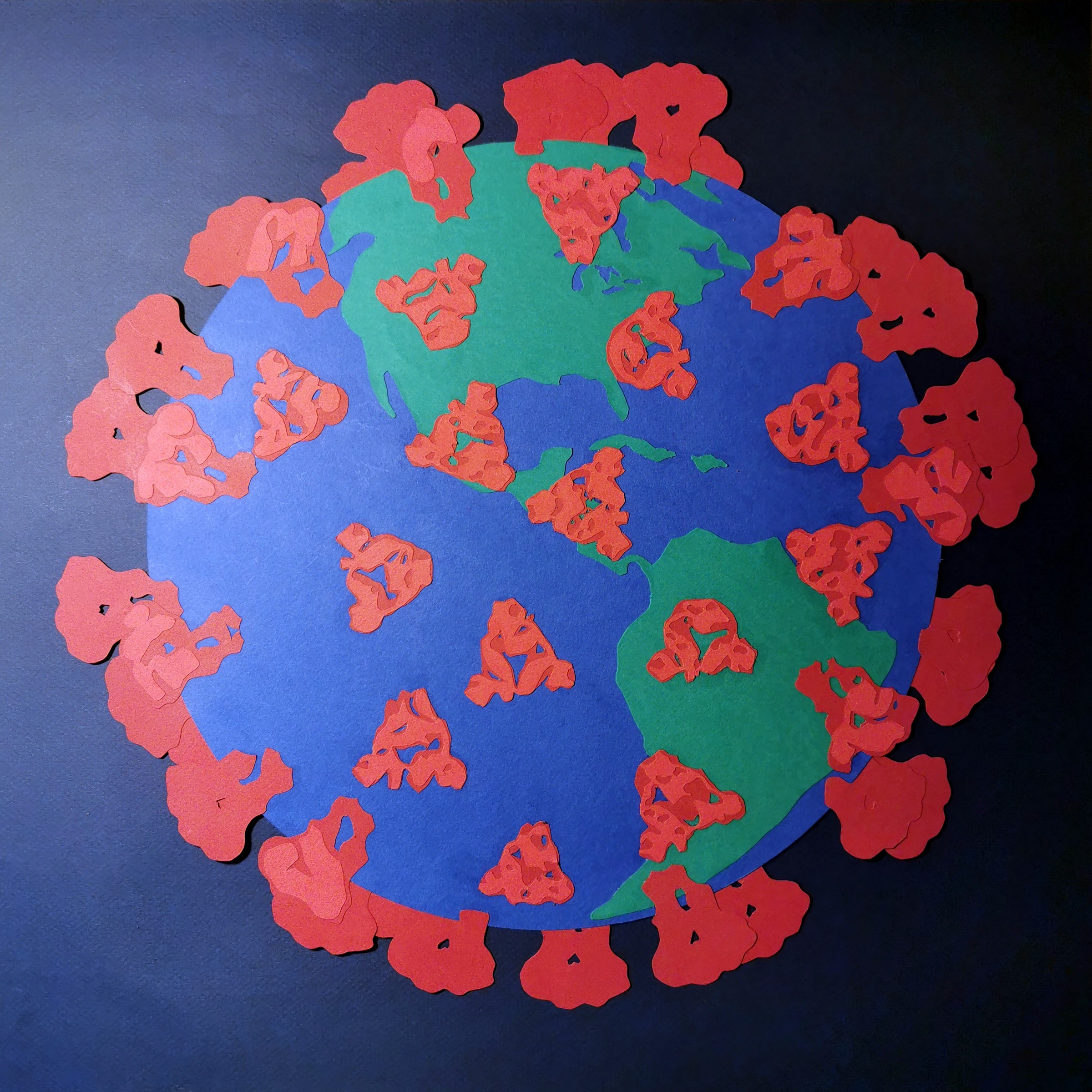 The earth pocked with red triangular and mushroom-shaped
                growths as depicted on images of SARA-CoV-2.