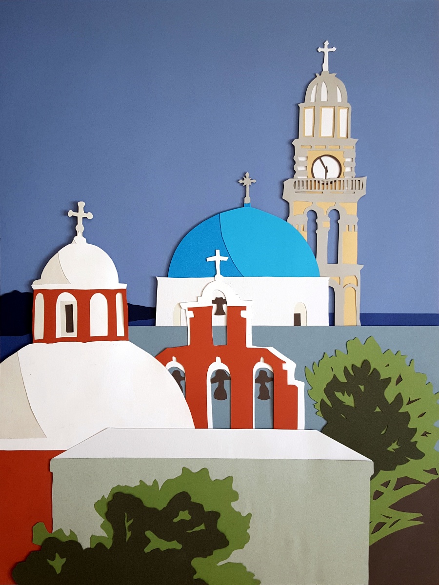 Three colorful churches as seen in Fira.