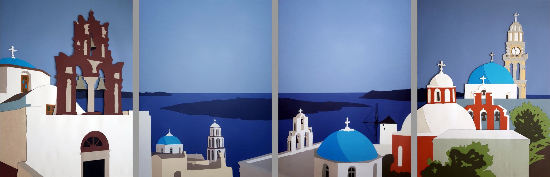 An idealized view of the Santorini caldera from Fira or Oia,
                depicting many colorful churches and an ancient windmill,
                in four segments.