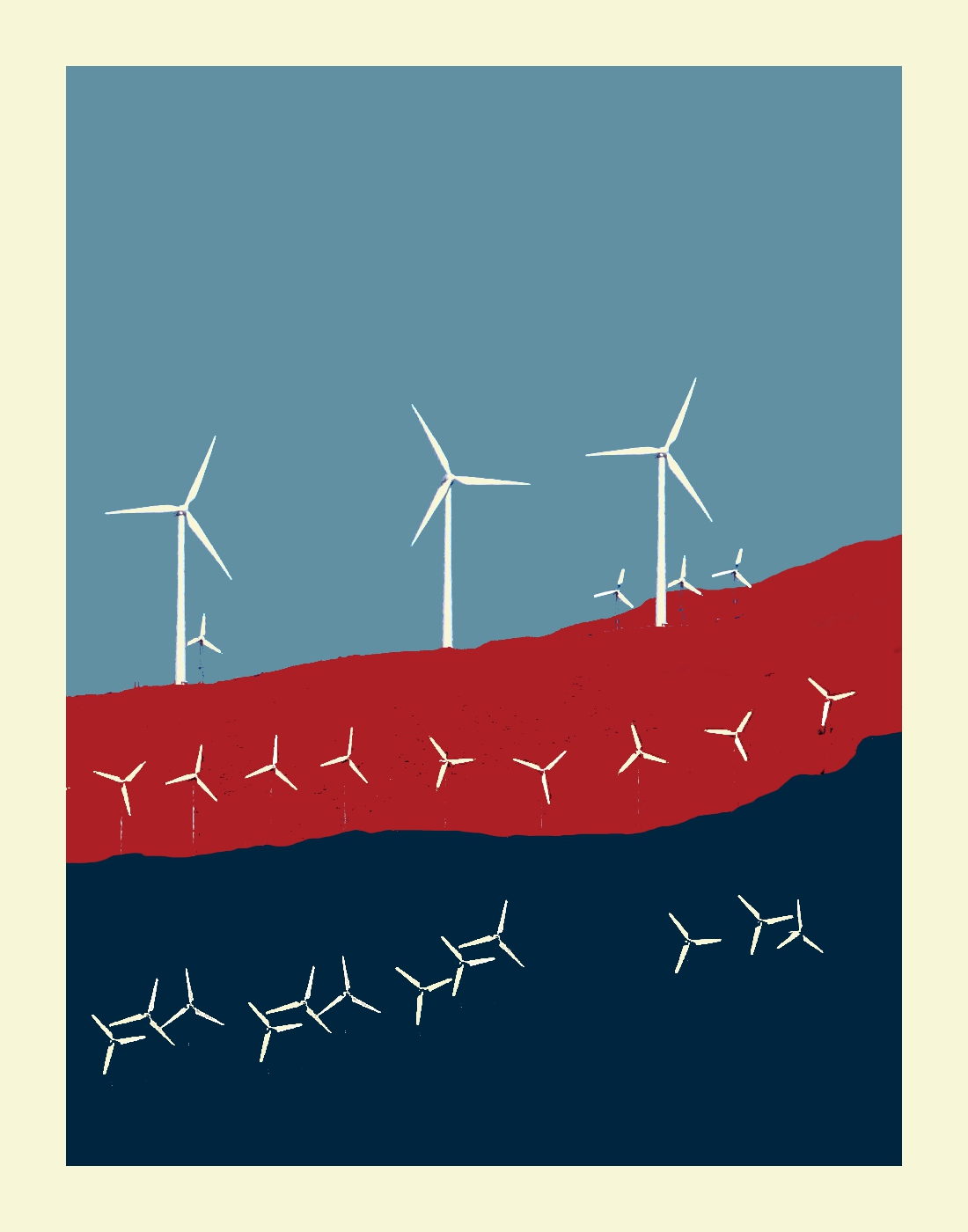 A collection of large and small wind turbines scattered
                across a hillside. The photo has been manipulated to depict
                only four colors: the turbines in white, the sky in light
                blue, the distant hill in red and the nearer hill in dark
                blue.